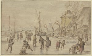 Winter Landscape, Many Skaters on the Ice, a Man Fastening Skates on a Woman on the Right by Hendrick Avercamp