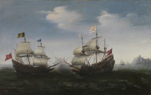 Naval combat against a rocky shore by Hendrick Cornelisz. Vroom