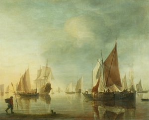 Shipping at anchor offshore in a calm sea; evening light by Hendrick Dubbels