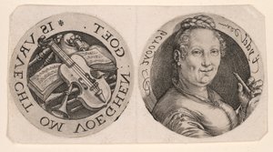 Bust of a Woman holding a Flute, and Musical Instruments, on one sheet by Hendrick Goltzius