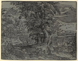 Landscape with a Seated Couple and a Shepherd, Plate 2 from the Series "Four Small Landscapes" by Hendrick Goltzius