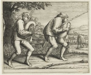 Two Bagpipers, Pilgrimage to Molenbeek (series title) by Hendrick Hondius (I)