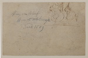 Annotation by a later hand. Sketch of a crouching figure and a rearing horse, 16th century by Hendrick van Cleve