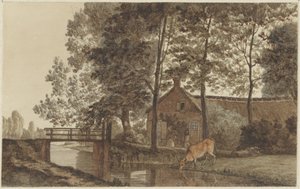 Farm with Drinking Cow on Biltstraat in Utrecht by Hendrik Abraham Klinkhamer