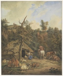 Shepherd, Shepherdess, and Cattle Resting in Front of a Dilapidated Stable