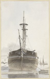 Sailing Ship Seen from the Front in a Timber Port by Hendrik Abraham Klinkhamer