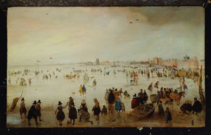 Skaters, Golf Players, Elegant Ladies and Gentlemen on Frozen Floodwaters by the Broederpoort at Kampen by Hendrik Avercamp
