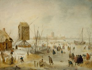 Winter Landscape with Skaters on a River by a Windmill by Hendrik Avercamp