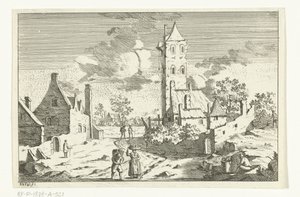 Village Scene with Houses and Tower on Sandy Road with Figures