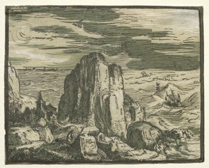 From a set of 4 Landscapes: Cliff on the seashore by Hendrik Goltzius