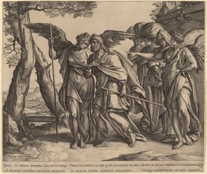 Lot and His Daughters Leaving Sodom by Hendrik Goltzius after Anthonie van Blocklandt