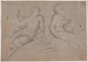 Two Female Satyr Figures (Fauns) on a Segmental Arch by Hendrik Krock