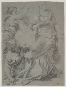 Three Draped Female Figures and a More Sketched Head and Upper Body of a Fourth by Hendrik Krock