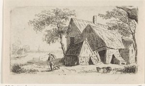 Man with Dog by a Farmhouse by the Water by Hendrik Marcus Schouten