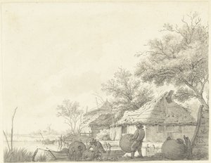 Two Fishermen with Baskets by a Canal by Hendrik Schwegman