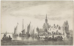 River View with Merchants on a Bank near Houses by Hendrik Spilman