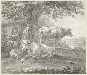 Two Cows and Two Sheep Under a Tree by a Barn by Hendrik Stokvisch