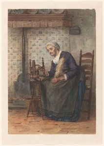 Old Woman in Interior at Spinning Wheel