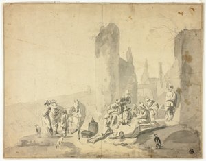 Harborside Scene with Various Figures by Hendrik Verschuring