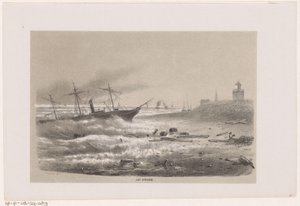 Ship in Trouble Near the Shore During the Storm of May 28, 1860 (series: Album of Ten Lithographed Sketches, Depicting Scenes of the Destruction Caused by the Storm of May 28, 1860 in The Hague Forest)