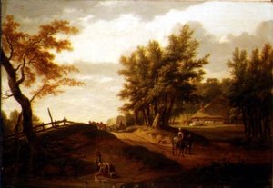 A wooded landscape with a waggon and peasants travelling on a road, a washerwoman at a pond and a farm beyond