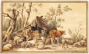 A Shepherd with His Flock by a Shed