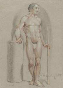 Standing Male Nude, with a Stick in Hand, Leaning on a Studio Cylinder by Hendrik Willem Schweickhardt