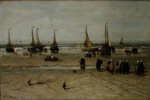 Coastal Landscape with Fishing Vessels and Fisherfolk by Hendrik William Mesdag