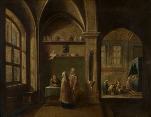 A Renaissance Interior with figures: The Birth of St John by Hendrik the Younger Steenwyck