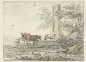 Italianate Landscape with Herder and His Cattle and Sheep at a Fountain by Hendrik van der Straaten