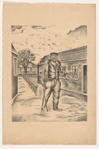 Man with Wooden Leg and Cane in a Village Street by Henk Henriët