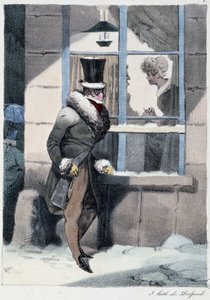 Curious Man Looking Out the Window Inside a House: Everyone Takes His Pleasure Where He Finds Him - in Les Pastemps by Henri Monnier, ed. Delpech, Paris