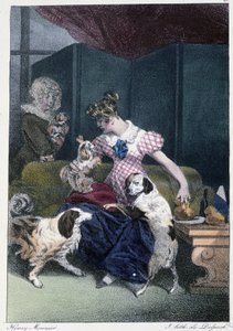 Young girl with dogs: "Everyone takes his pleasure where he finds him" - in "Les pastemps" by Henri Monnier, ed. Delpech, Paris