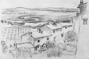 View from a Village over Fields and Meadows towards the Sea. Bormes-les-Mimosas