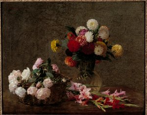 Dahlias and Roses in a Basket by Ignace Henri Jean Fantin Latour