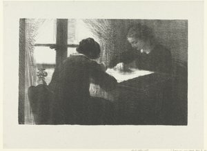 Two Women Embroidering at a Table by a Window Interior of Embroiderers L