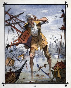 Lemuel Gulliver at the center of a naval battle between the ships of Lilliput and Blefuscu by Henri Jules Jean Geoffroy