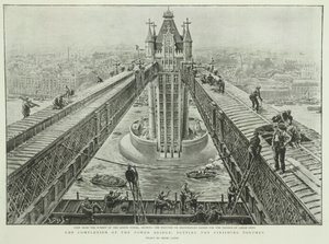 The completion of the Tower Bridge: putting the finishing touches (engraving) by Henri Lanos