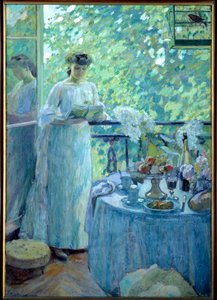 Madame O. on the Balcony. A Young Woman Reads a Book in a Bourgeois Interior, the Table is Served for Breakfast. Painting by Henry Ottmann