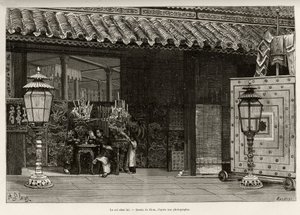 King Dong Khanh, Emperor of Annam, home in the imperial city of Hue. Engraving by Thiriat, to illustrate the story Trente mois au Tonkin by Dr. Charles Edouard Hocquard by Henri Thiriat