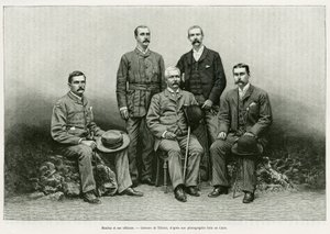 Portrait of Henry Morton Stanley surrounds his officers from the left: Dr. Thomas Heazle Parke, Robert H. Nelson, William G. Stairs, and Arthur J. M. Jephson. Engraving to illustrate the story Dans les tenebres de l