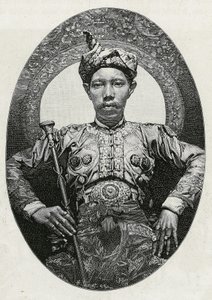 Portrait of Mohammed Yamalul Alam, sultan of Soulou (or Sulu) (Philippines), in 1880. Engraving by Thiriat, to illustrate the story 