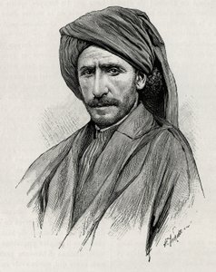 Portrait of Sheik Moses, the most powerful tribal leader of Arabistan (or Arabian peninsula). Engraving by Thiriat, to illustrate the story 