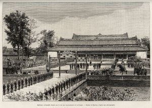 Solemn audience given by King Dong Khanh (1864-1889) Emperor of Annam to the representatives of France in the imperial city of Hue (Vietnam). Engraving by Thiriat, to illustrate the story 