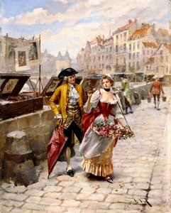 Gentleman and Flower Girl near Book Stalls by the Seine by Henri Victor Lesur