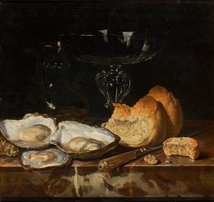 Still Life with Oysters, Bread and Venetian Wine Glass by Henri de Fromantiou