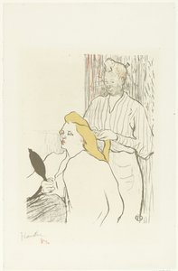Hairdresser Combing the Hair of a Seated Woman with Mirror in Hand by Henri de Toulouse Lautrec (signed by artist)