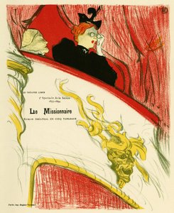 A woman in a theatre dressing room using a pair of binoculars. Poster for the Missionary, play by Marcel Luguet, represented in 1893 at the Free Theatre created in 1887 by Andre Antoine by Henri de Toulouse Lautrec