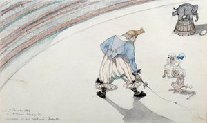 Circus scene: dressage. A clown with a scientist dog and an acrobatic elephant