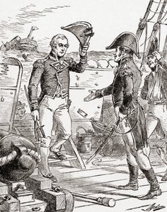 Captain Dacres from the HMS Guerriere surrenders and offers his sword to Captain Hull aboard the USS Constitution after his defeat during The War of 1812, from The History of Our Country, published 1905 by Henry Alexander Ogden